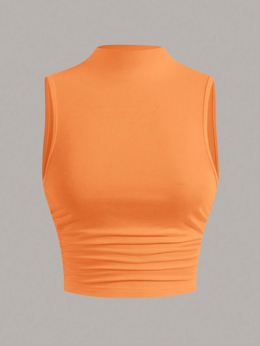 SHEIN EZwear Black Mock Neck Ruched Tank Top - Orange - View 1