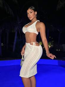 Zolique Conjunto De Falda Midi De Lana Y Top De Punto Con Cuello Halter Para Mujer