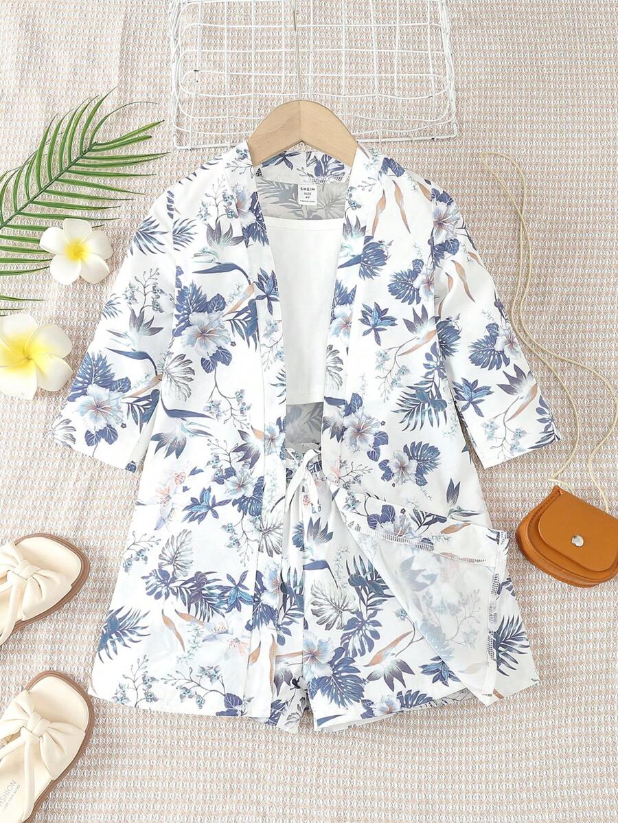 SHEIN 年輕女孩夏季植物印花上衣和短褲套裝 - 白色 - 查看 1