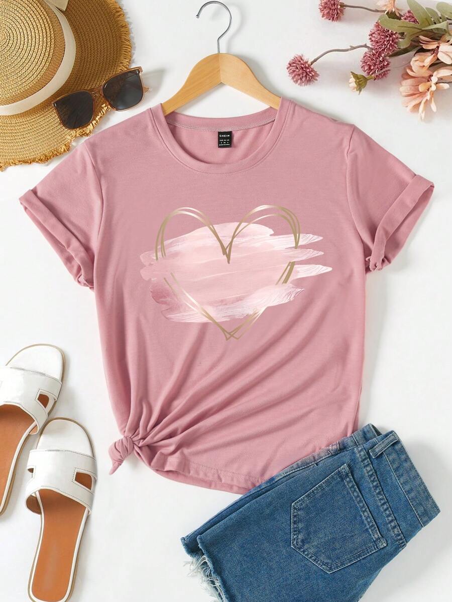 Pink Heart Pattern Round Neck Short Sleeve T-Shirt Graphic Tees Women Tops - Dusty Pink - View 1