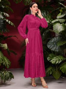 Mulvari 空心刺繡細節,打結領頸和燈籠袖禮服 - 玫紅色 - 查看 7