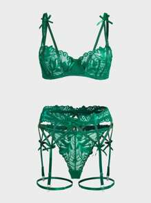 Set de lencería con encaje floral con aro con liga con 1 par Anillo de pierna - Verde Oscuro - Ver 1