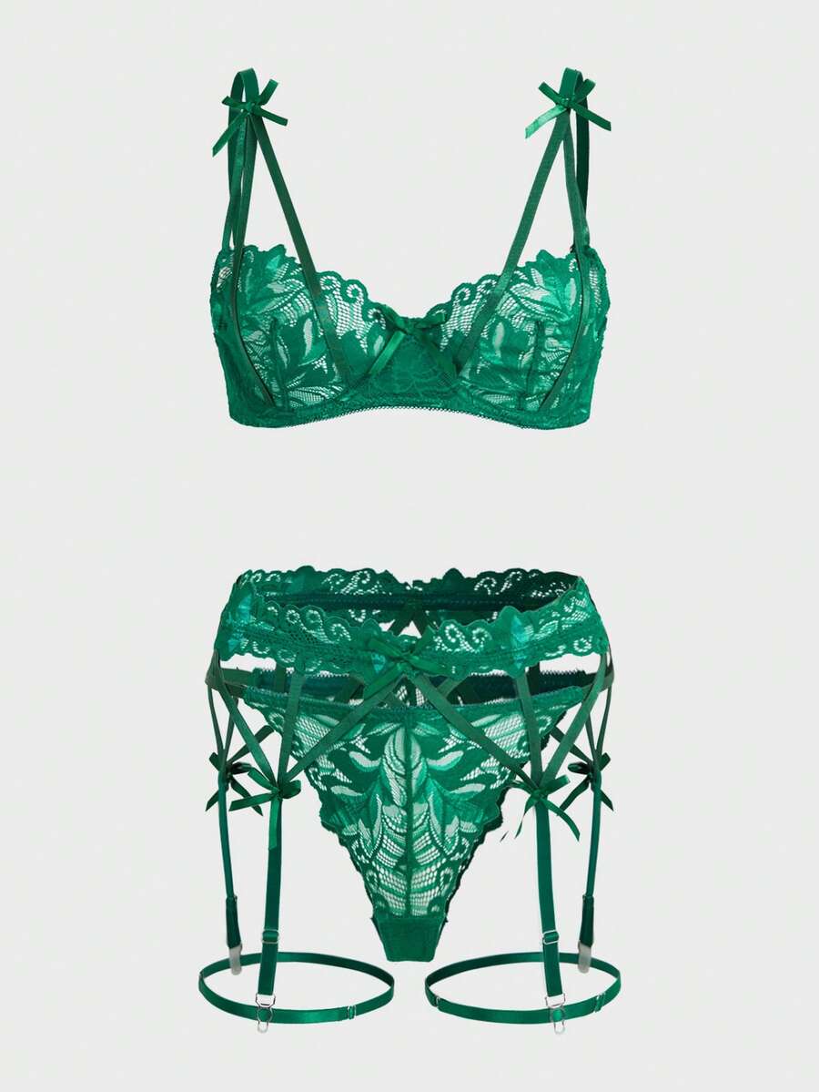 Set de lencería con encaje floral con aro con liga con 1 par Anillo de pierna - Verde Oscuro - Ver 1