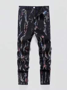 SHEIN Teen Boy Stylish Metallic Washed Black Jeans,For Summer Music Festival - Multicolor - View 1