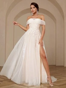SHEIN Belle Elegant And Gorgeous White Color Block Women's Off-Shoulder Off-Shoulder Lace Mesh Splicing A-Line High Slit Dress Suitable For Wedding Floor-Length Wedding Dress