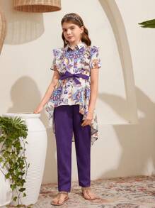 SHEIN Leap Crew Tween Girl 2pcs/Set Floral Print Shirt With Ruffle Collar And Asymmetrical Hemline Matched With Pants - Purple - View 4