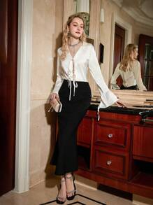 GENKIRA Women\ Shirt With Bow Tie And Textured Fabric - Apricot - View 5
