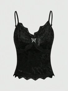 ROMWE Fairycore Velvet Contrast Lace Cami Top - Black - View 1