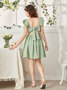 SHEIN Leap Crew Vestido de unicolor para adolescente con corte en la parte trasera y lazo desmontable, con escote cuadrado - Verde - Ver 4