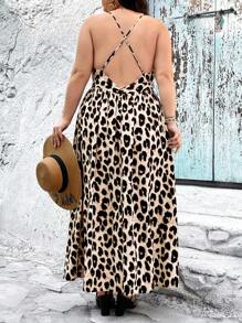 SHEIN CURVE+ Plus Size Leopard Print V-Neck Gathered Waist Sleeveless Dress - Multicolor - View 2