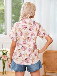 GENKIRA Women's Short Sleeve Shirt With Random Prints And Lapel Collar For Summer - Pink - View 2