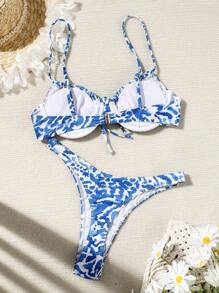 SHEIN Swim Summer Beach Random Printing Bikini Set - Blue and White - View 7