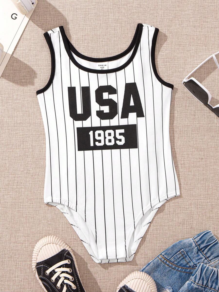 SHEIN Body sans manches tricoté pour jeune fille à rayures et lettres, col rond - Noir et Blanc - Voir 1