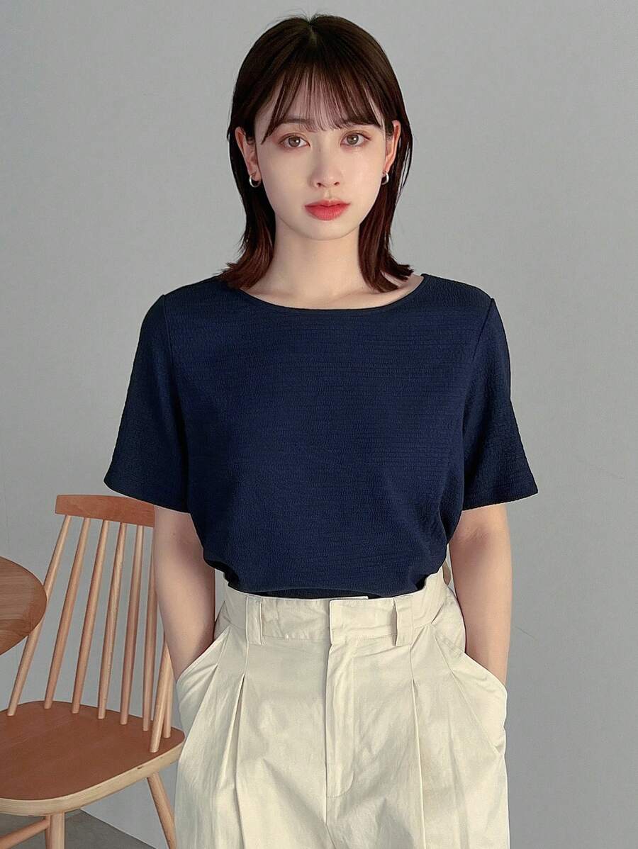 FRIFUL Designer Của phụ nữ Vòng cổ Màu thuần Áo thun - Màu xanh hải quân - Xem 1