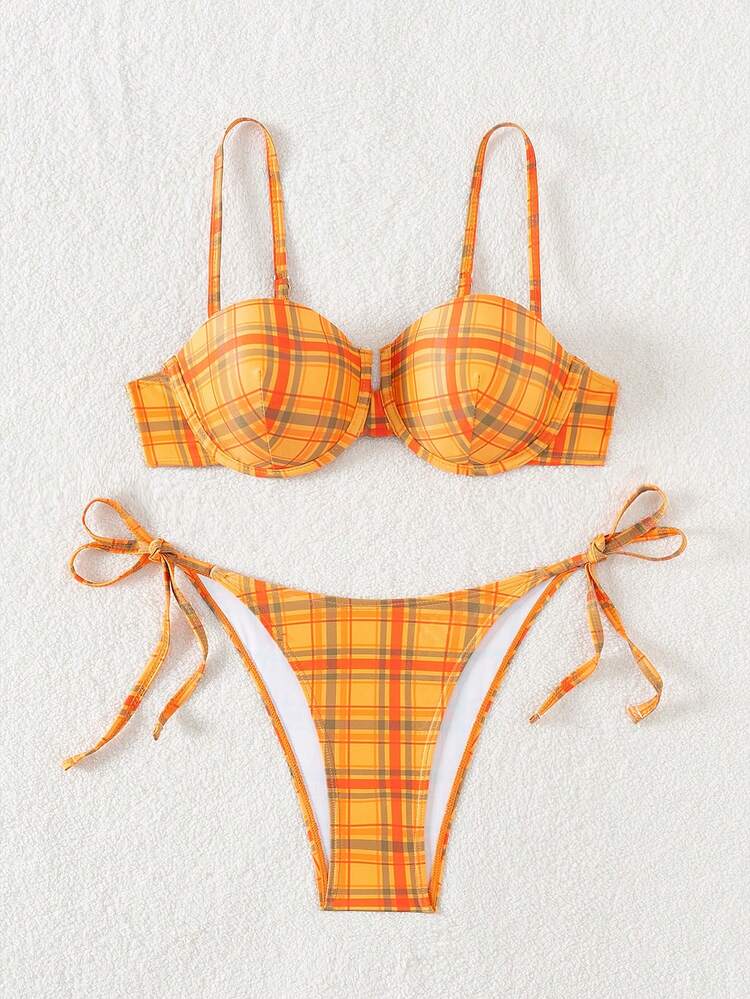 Ladies' Plaid Print Summer Beach Bikini Set Bathing Suit