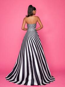 High-End Black & White Striped Sleeveless Formal Evening Dress Elegant Prom Wedding Guest Gown, For Graduation, Dinner - Black and White - View 2