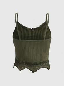 ROMWE Fairycore Skull Graphic Contrast Lace Cami Top - Army Green - View 2