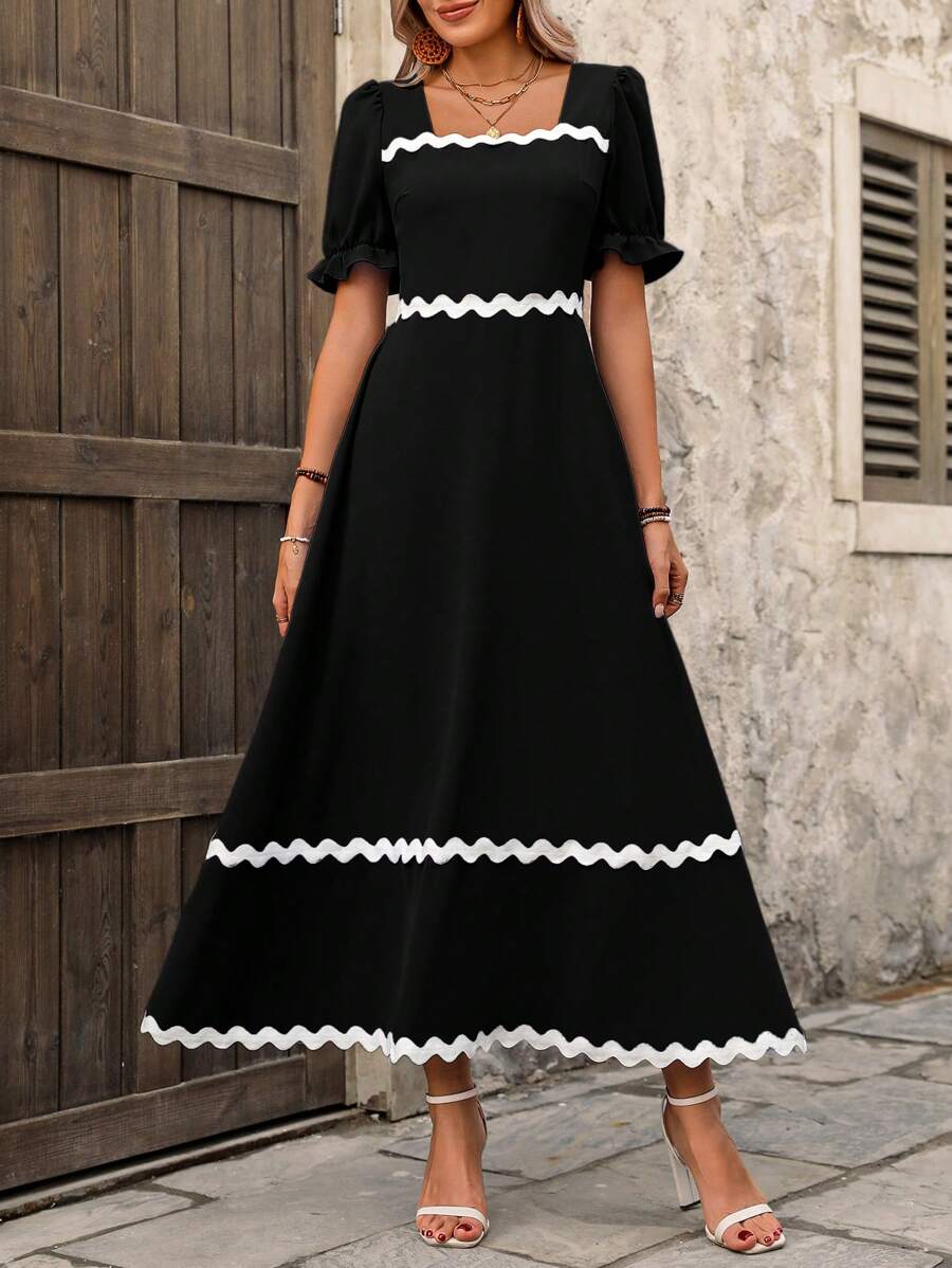 Breezaya 女士短袖波浪邊連衣裙 - 黑色 - 查看 1