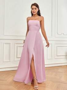 SHEIN Belle Elegante y romántico vestido rosa con tirantes de satén que envuelve el pecho y la espalda con tiras cruzadas y hermoso diseño en forma de A en la espalda, con abertura alta lateral y tirantes de espagueti. Vestido elegante y romántico para mujeres adecuado para banquete de vacaciones, vestido de dama de honor para adultos - Rosa - Ver 1