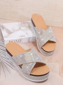 SHUZIA Ladies' Fashionable Glitter Platform Wedge Sandals For Christmas Valentine's Day Summer Shoes - Silver - View 6
