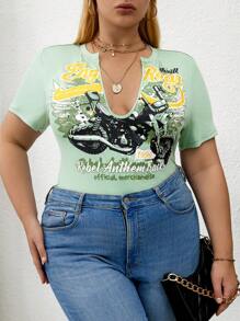 Flirla Plus Size Women's Summer Slogan Motorcycle Printed Short Sleeves Bodysuit