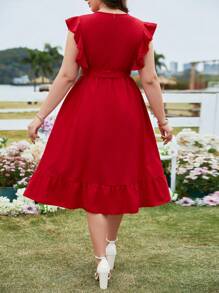 SHEIN LUNE Midi-Kleid Große Größen für Damen mit V-Ausschnitt und Volantbesatz, einfarbig, für Neujahrsbekleidung, Maxikleid für Damen-Outfit - Rot - Übersicht 3