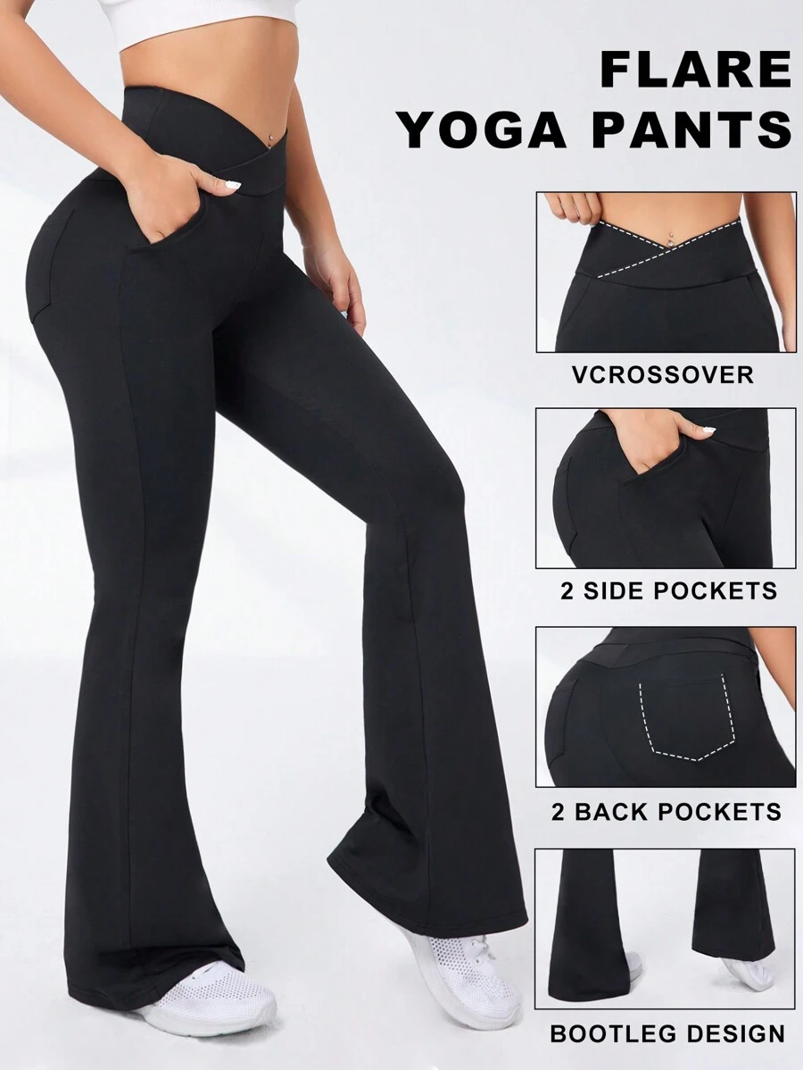 Daily&Casual Slanted Pocket Flared Sports Pants With V-Shaped Waistline