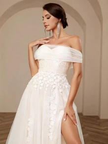 SHEIN Belle Elegant And Gorgeous White Color Block Women's Off-Shoulder Off-Shoulder Lace Mesh Splicing A-Line High Slit Dress Suitable For Wedding Floor-Length Wedding Dress