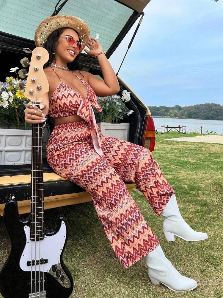 Plus Size Women's Wave Stripe Print Tie Front Halter Neck Tank Top And High Waisted Wide Leg Pants Set