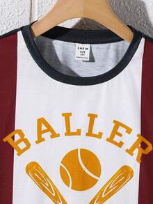 SHEIN Tween男孩寬鬆運動風彩色拼接棒球字母短袖T恤，圓領設計 - 彩色 - 查看 3