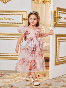 SHEIN Vestido con cuello en forma de corazón encantador con estampado floral y mangas abullonadas para niñas jóvenes
