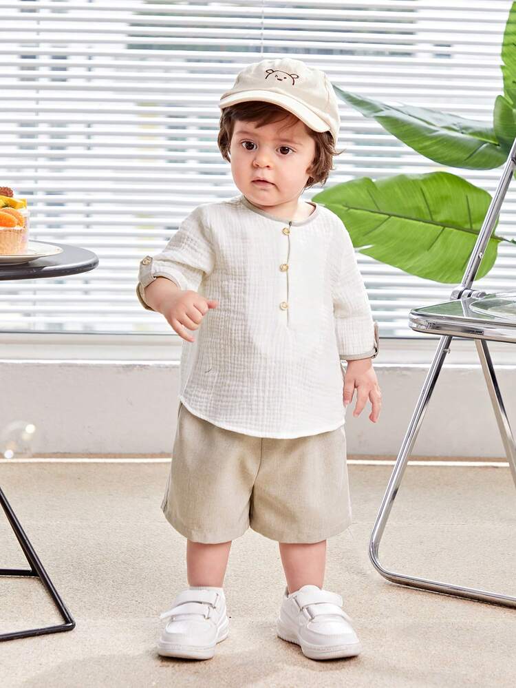 Baby Boy's Casual Simple Color Block Roll-Up Sleeve Shirt With Elastic Waist Shorts Set