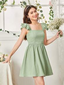 SHEIN Leap Crew Vestido de unicolor para adolescente con corte en la parte trasera y lazo desmontable, con escote cuadrado - Verde - Ver 6