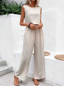 SHEIN Frenchy Ladies' Sleeveless Vest & Textured Pants Combo With Back Button Detail Apricot Two Pieces Set Summer Casual - Apricot - View 3