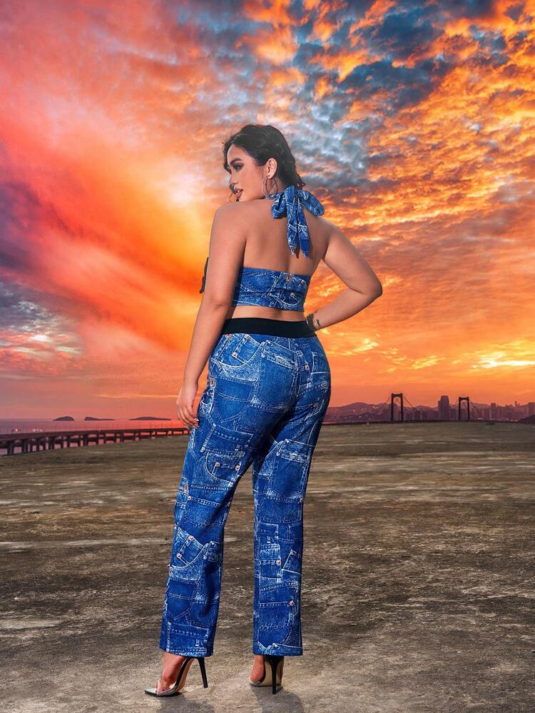 Plus Size Denim Effect Print Halter Top And Flared Pants Concert Outfits Music Festival Spring/Summer Vacation Two Pieces Set