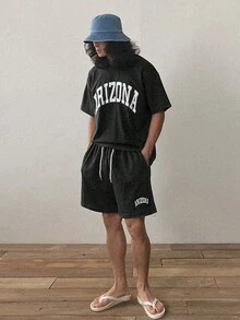 DAZY 男士字母印花夏季t恤和短褲套裝 - 黑色 - 查看 3