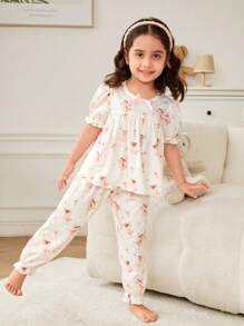 SHEIN 年轻女孩可爱蝴蝶仙子印花圆领蝴蝶 3D 图形泡泡袖松紧袖口裤针织两件套家居服套装 - 淺粉色 - 查看 1