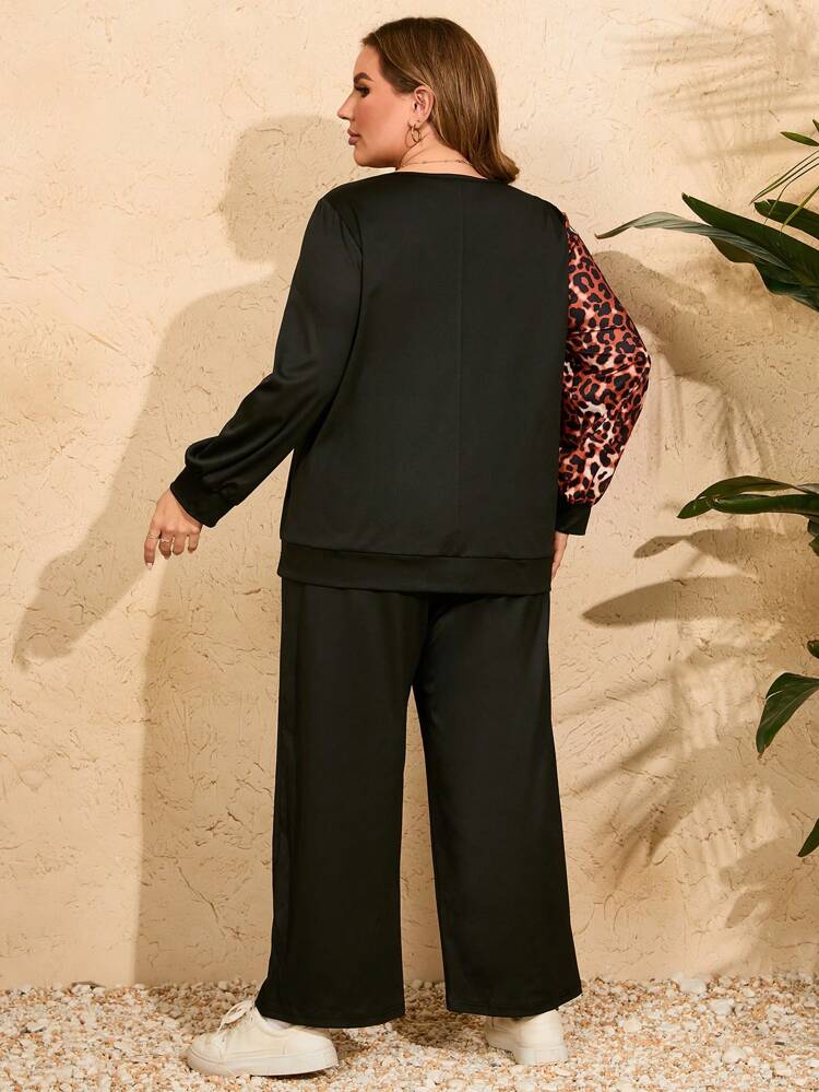 Plus Size Women's Round Neck Leopard Print Long Sleeve Sweatshirt And Pants Two Pieces Set 2 Pieces Set Fall Cloth For Women