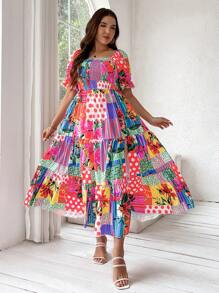SHEIN SunnyBelle Plus Size Women's Boho Floral Print A-Line Dress With Square Neck, For Summer - Multicolor - View 6