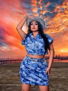 SHEIN SXY Plus Size Spring/Summer Music Festival Patchwork Printed Drawstring Short Sleeve Top And Midi Skirt