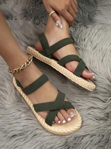 Sandalias Planas De Moda Para Mujer, Tejido De Hierba Imitación, Verde, Verano - Verde Oscuro - Ver 1