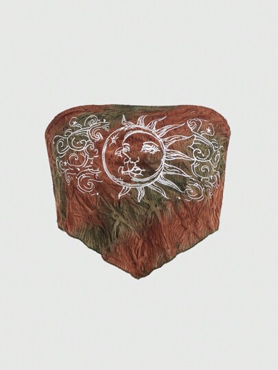 Hippie Tie Dye Sun & Moon Print Bandana Hem Crop Tube Top