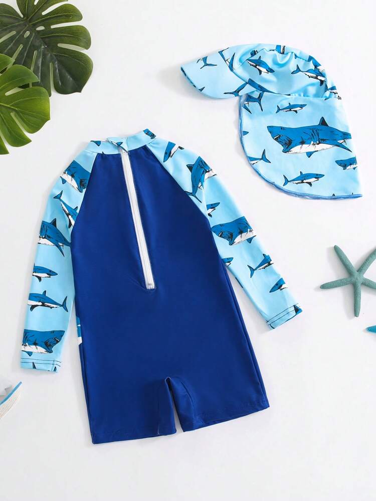 2pcs/Set Young Boys' Casual And Comfy One-Piece Shark Printed Swimwear With Matching Swim Cap, Ideal For Spring And Summer Vacation