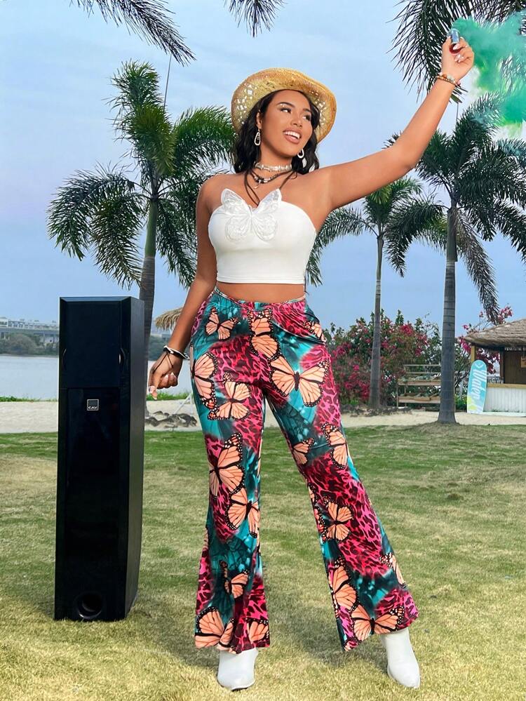 Plus Size Butterfly Print Flared Leggings