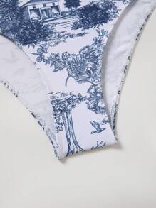 Swim Oasis Kích thước lớn Của phụ nữ In thực vật Áo tắm một mảnh Với Dây đai mỏng , 2 cái/bộ - Xanh và trắng - Xem 6