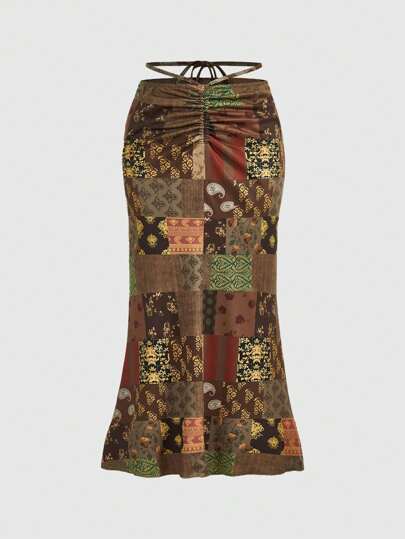 Hippie Patchwork Print Drawstring Ruched Skirt