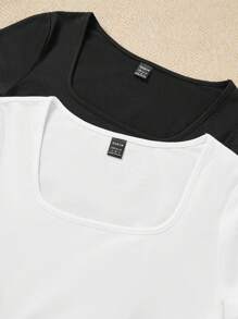 SHEIN EZwear 2pcs Set Women's Casual Minimalist Short Sleeve Bodysuit