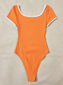 SHEIN EZwear Women's Letter Print Square Neckline Short Sleeve Bodysuit - Orange - View 2