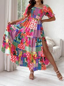 SHEIN SunnyBelle Plus Size Women's Boho Floral Print A-Line Dress With Square Neck, For Summer - Multicolor - View 4