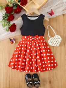 Elladie kids Ragazza giovane casual Carino Vestito stile canotta nero a pois bianchi con decorazione fiocco, Outfit primavera estate - Multicolore - Visualizzare 7